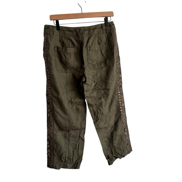 INC Olive Green Linen Cropped Pants With Sequins and Embroidered Details Size 8 - Picture 2 of 11